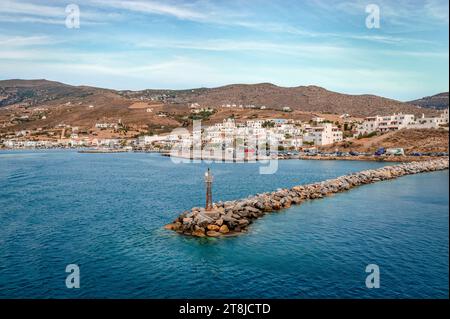 The port of Gavrio, on the west coast of the Andros island, the only port connecting Andros to Rafina. Cyclades Islands, Greece. Stock Photo