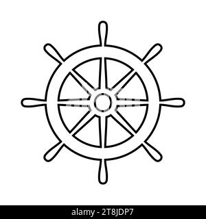 Helm ship icon. Black steering isolated on white background. Rudder boat silhouette. Simple outline ship helm for design travel print. Handle timon Stock Vector