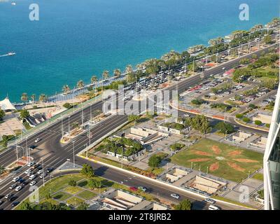 Incredible aerial view of Abu Dhabi Corniche road and beach Stock Photo