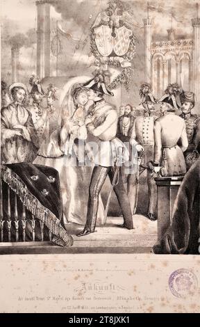 Emperor Franz Joseph of Austria receives his bride Elisabeth Duchess in Bavaria at the ship landing place in Nußdorf on April 22, 1854, 1854, print, lithograph on paper, sheet: 45 × 29 cm, 'LIBRARY OF THE K.K. MINISTER'S COUNCIL PRESIDIUM' Stock Photo