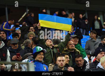 Leverkusen, Germany - November 20, 2023: Ukrainian supporters show their support during the UEFA EURO 2024 Qualifying game Ukraine v Italy at BayArena stadium in Leverkusen, Germany Stock Photo