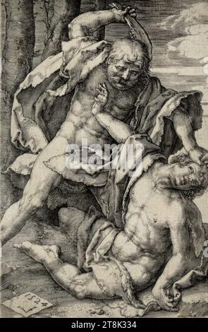 Cain kills Abel, Lucas Hugensz. van Leyden, Leiden 1494 - 1533 Leiden, 1524, print, copperplate engraving, plate: 11.8 x 7.7 cm, according to New Hollstein Stock Photo