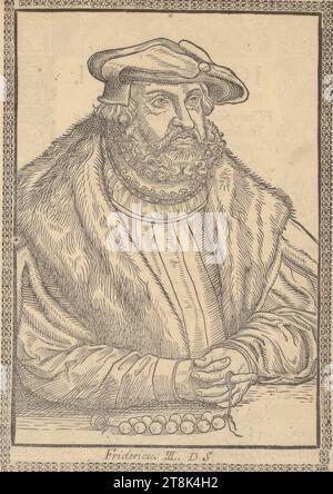 Portrait of Frederick the Wise, Elector of Saxony, ILLVSTRISSIMO PRINCIPI AC DOMINO, DOMINO, AVGVSTO, DVCI SAXONIAE ELECTORI, SACRI ROMANI IMPERII ARCHImarschallo, Landgrauio Thuringiæ, Marchioni Misniae, Burggrauio Magedburgensi, Domini suo clementissimo, S.D, 34 portraits of Saxon princes, Lucas Cranach d. J., Wittenberg 1515 - 1586 Weimar, 1563, print, woodcut, sheet: 18.2 × 13 cm, M.u. 'Fredericus III. D.S Stock Photo