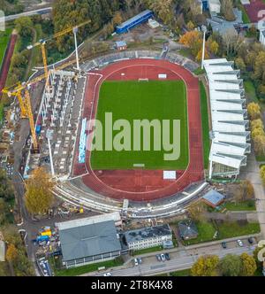 Luftbild, Lohrheidestadion Fußballplatz und Leichtathletikstadion der SG Wattenscheid 09, Baustelle mit Neubau Westtribüne, Leithe, Bochum, Ruhrgebiet, Nordrhein-Westfalen, Deutschland ACHTUNGxMINDESTHONORARx60xEURO *** Aerial view, Lohrheidestadion soccer pitch and athletics stadium of SG Wattenscheid 09, construction site with new west stand, Leithe, Bochum, Ruhr area, North Rhine-Westphalia, Germany ATTENTIONxMINDESTHONORARx60xEURO Credit: Imago/Alamy Live News Stock Photo