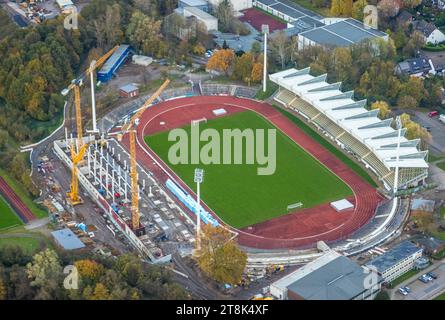 Luftbild, Lohrheidestadion Fußballplatz und Leichtathletikstadion der SG Wattenscheid 09, Baustelle mit Neubau Westtribüne, Leithe, Bochum, Ruhrgebiet, Nordrhein-Westfalen, Deutschland ACHTUNGxMINDESTHONORARx60xEURO *** Aerial view, Lohrheidestadion soccer pitch and athletics stadium of SG Wattenscheid 09, construction site with new west stand, Leithe, Bochum, Ruhr area, North Rhine-Westphalia, Germany ATTENTIONxMINDESTHONORARx60xEURO Credit: Imago/Alamy Live News Stock Photo