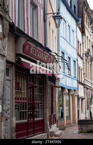 Restored medieval cobbled streets and half-timbered buildings in Rouen Normandy, France Stock Photo
