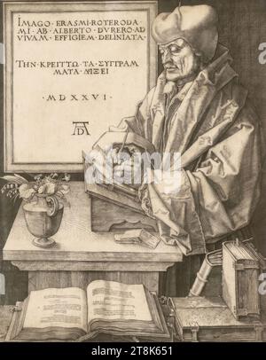 Erasmus of Rotterdam, Albrecht Dürer, Nuremberg 1471 - 1528 Nuremberg, 1526, print, copperplate engraving, sheet: 26.1 × 20.5 cm, l.o. Latin and Greek inscription: 'IMAGO•ERASMI•ROTERODA / MI•AB•ALBERTO•DVRERO•AD / VIVAM•EFFIGIEM•DELINIATA• / THN•KPEITTO•TA•SYGGPAM / MATA•?ETEI' with date '•MDXXVI•' and Dürer monogram Stock Photo