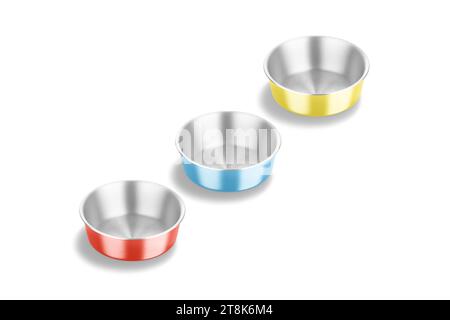 Blank colored metallic dog bowl mockup, side view, Stock Photo