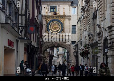 The Gros-Horloge - Great-Clock - a 14th century astronomical clock in a Renaissance arch crossing the Rue du Gros-Horloge Rouen, Normandy France Stock Photo