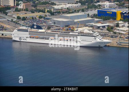 Aerial photograph of large cruise ship in Southampton docks Stock Photo