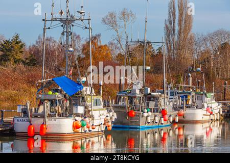 Small fishing vessels moored in Scotch Pond Steveston British Columbia Canada Stock Photo