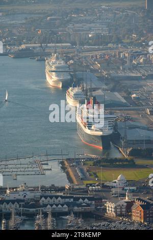 Aerial photograph of the Cruise ship terminal Southampton. Located on the confluence of the River Test and River Itchen 70 miles south-west of London. Stock Photo