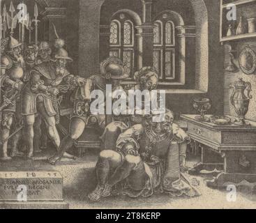 Samson and Delilah, Hans Brosamer, Fulda ca. 1495 - ca. 1554 Erfurt, 1545, print, copperplate engraving, sheet: 8 × 9.7 cm, l.l. '15. HB 45'; underneath on the base: 'IOHANNES BROSAMER / FULDÆ DEGENS / FACIEBAT Stock Photo