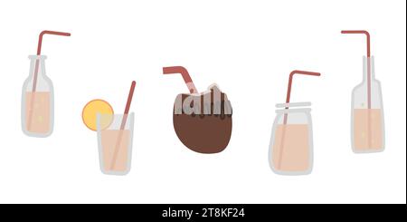 Set of beach drinks with straws: glass glass, jar and bottle with lemonade, bubbles, orange, coconut. Vector illustration in pastel colors Stock Vector