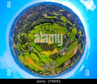 Aerial view, golf course Repetal Südsauerland e.V. Helden, earth globe, fisheye shot, 360 degree shot, tiny world, Helden, Attendorn, Sauerland, North Stock Photo