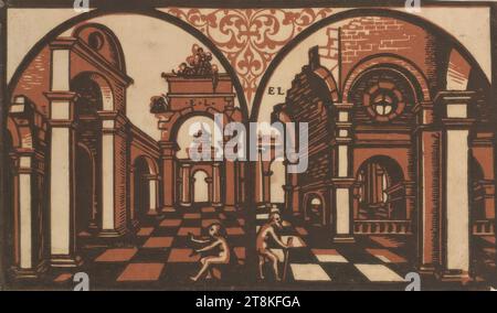 Two depictions of Renaissance buildings, framed by a double arcade ...