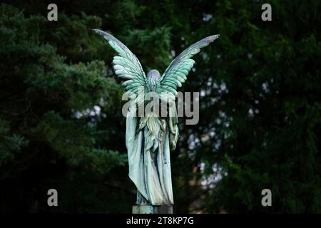 rear view of a large angel figure with wings and long hair in a cemetery against a blurred dark green background Stock Photo