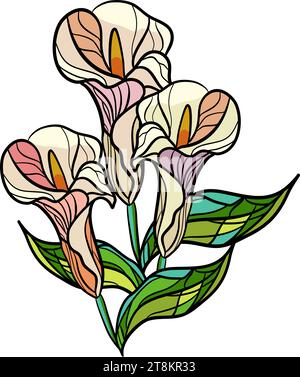 Bouquet of calla lilies with green leaves in stained glass style. Vector illustration. Stock Vector