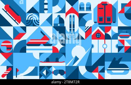 Bauhaus winter sport geometric pattern background with ski, ice skates and snowboard, abstract vector. Modern or retro Bauhaus pattern with mosaic shapes, blue red colors of winter sports elements Stock Vector