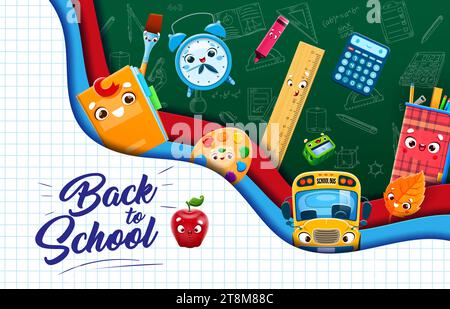 Back to school paper cut banner. Bus and stationery funny characters. Vector background with cute cartoon notebook, alarm clock, ruler and paint palette. Calculator, paintbrush, felt-tip pen and leaf Stock Vector
