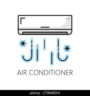 Air conditioner furniture icon, home interior. Apartment or house ventilation, heating or cooling service thin line vector pictogram or symbol with air conditioning unit blowing cold air and snowflake Stock Vector