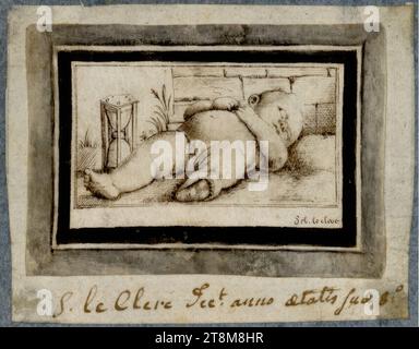Reclining boy with hourglass, Gabriel Huquier (Orléans 1695 - 1772 Paris), drawing, brown pen, black brush, gray wash, laid down on several backing papers, 5.7 x 7.4 cm (white backing paper), no collector's mark visible, r.b. 'Seb. le clerc'; white backing paper: u. 'S. le Clerc fec.t anno aetatis Sua 8 Stock Photo