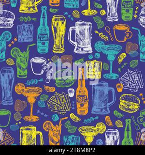 Vector bar cocktails alcoholic drinks and abit of food seamless repeat pattern. Suitable for textile, nightclub menu and wallpaper. Stock Vector