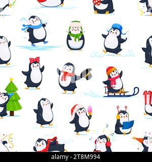 Cartoon cute funny penguin characters seamless pattern. Textile or Christmas wrapping paper vector backdrop with penguin happy personages reading book, dancing, listening music and playing snowballs Stock Vector