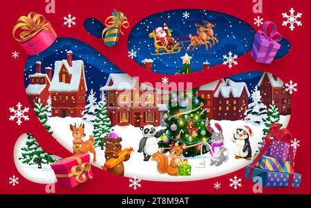 Christmas paper cut winter town, Santa on sleigh and cartoon animals near holiday pine tree. Vector 3d papercut double exposition frame with Father noel flying on sled, penguin, bear, deer and bunny Stock Vector