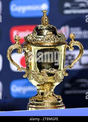 The William Webb Ellis trophy during a press conference after the Rugby union World Cup XV RWC final match South Africa Springboks VS New Zealand All Blacks at Stade de France in Saint-Denis near Paris on October 28, 2023. Credit: Victor Joly/Alamy Live News Stock Photo