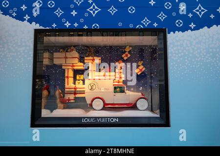 The Louis Vuitton retail store is decorated for the holidays at the intersection of Fifth Avenue and 57th St., 2023, NYC, USA Stock Photo