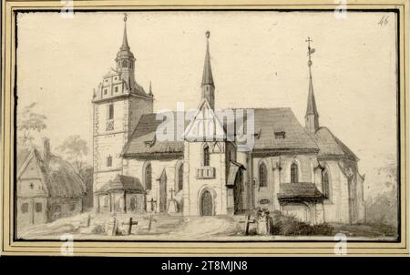 Series of Saxon Views: View of an unknown church, Johann Emanuel Goebel (Berlin 1720 - 1759 Warsaw), drawing, lead pencil, brush in gray, washed, 13.1 x 21.9 cm, r.r. Duke Albert of Saxe-Teschen, r.o. '46 Stock Photo