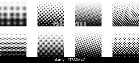 Different halftone gradient backgrounds set. Cartoon dots texture wallpaper collection. Black white comic design cover pack for banner, poster, overlay, sticker. Pop art dotted squared bundle. Vector Stock Vector
