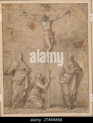 Christ on the cross between moon and sun; John stands below on the right, the Virgin on the left; Kneeling Magdalene embracing the trunk of the cross, Giovanni Antonio Sogliani (Italy, 1492 - 1544), drawing, pen; washed; heightened with white; pen marks; brownish paper, 25.5 x 19.5 cm, l.l. frieze; r.b. Duke Albert of Saxe-Teschen, below in ink the drawing 'Gian Anton. Sogliano 1526'; the 5 of the year traced in pencil Stock Photo