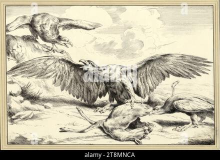 Eagle fighting over the prey of a deer, Josef Axmann (Brno 1793 - 1873 Salzburg), drawing, pen and black; black framing line, 16.6 x 24.8 cm, l.l. Duke Albert of Saxe-Teschen, 'Joseph Axmann d'après Peter Boel Stock Photo