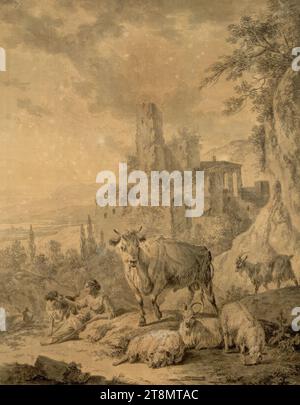 Shepherdess with herd in front of a landscape of ruins, Joseph Rosa (Vienna 1726 - 1805 Vienna), 1768, drawing, chalk, pen in grey-brown, brush in grey, washed, with white highlights, 50.7 x 40.4 cm, l.l. Duke Albert of Saxe-Teschen Stock Photo