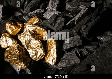 Golden nuggets on black charcoal Stock Photo