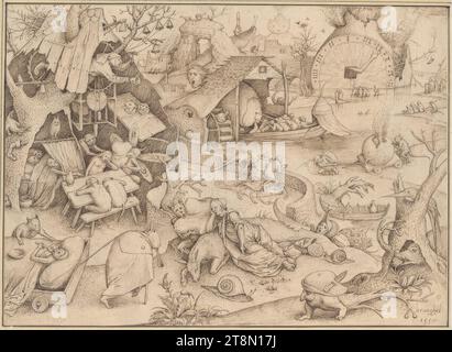 Sloth (Desidia), The Seven Deadly Sins, Pieter Bruegel d. Ä. (Breda?) 1526/27 - 1569 Brussels), 1557, drawing, pen and grey-brown, 21.4 × 29.8 cm, l.l. Duke Albert of Saxe-Teschen, r.r. 'brueghel, .1.5.5.7.'; The sleeping protagonist inscribed by someone else's hand: 'desidia'; inscribed by someone else's hand (cut off and glued to the backing): ''Traecheyt maecktmachenloos en verdroocht, Die senuwen dat de mensch nieuwers toe en doocht'' (Inertia makes you powerless and lets your nerves dry up, so that you can't do anything anymore is good Stock Photo