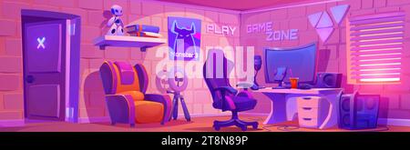 Computer gaming blogger studio. Vector cartoon illustration of lounge room with desktop pc, microphone, round led lamp, smartphone for streaming, armchairs, books and toy robot on shelf, wall poster Stock Vector
