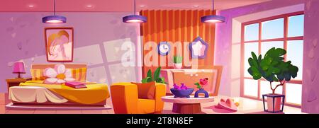 Girly bedroom interior with furniture and large window. Vector cartoon illustration of pink and orange groovy room with large bed, armchair, vase and sweets on table, picture on wall, retro design Stock Vector