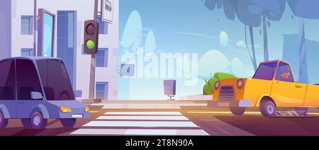 Cars driving city street with green traffic light on road crossing. Vector cartoon illustration of autos riding, pedestrian crosswalk in summer town, sewage grate on pavement, bus stop sign, cityscape Stock Vector
