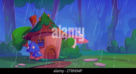 Magic wonderland with fairy wooden house with mushrooms under rain. Cute tiny fantasy home with windows and door in forest. Cartoon summer rainy landscape with path to gnome or elf wood hut. Stock Vector