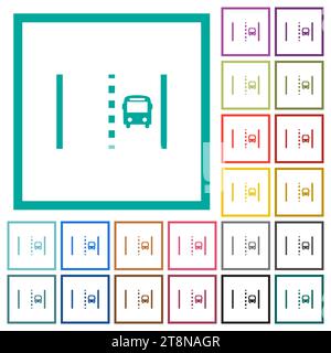 Bus lane flat color icons with quadrant frames on white background Stock Vector