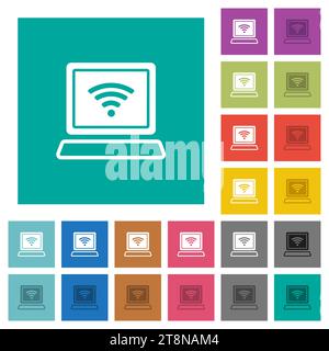 Laptop computer with wireless symbol alternate multi colored flat icons on plain square backgrounds. Included white and darker icon variations for hov Stock Vector