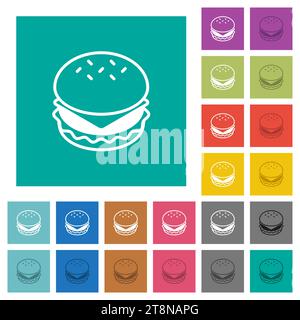 Cheeseburger multi colored flat icons on plain square backgrounds. Included white and darker icon variations for hover or active effects. Stock Vector