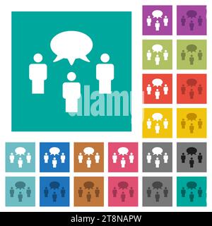 Three talking persons with oval bubble solid multi colored flat icons on plain square backgrounds. Included white and darker icon variations for hover Stock Vector