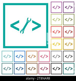 Web development with wrench flat color icons with quadrant frames on white background Stock Vector