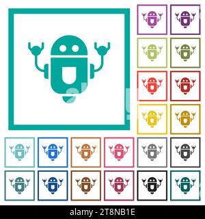 Rolling robot flat color icons with quadrant frames on white background Stock Vector