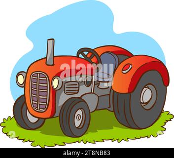 Red cartoon tractor isolated on white background. Heavy agricultural machinery for field work. Stock Vector