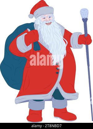 Santa Claus with bag behind his back and staff.  Vector illustration brings to life the charming image of Santa Claus in fur coat and fur hat. Stock Vector
